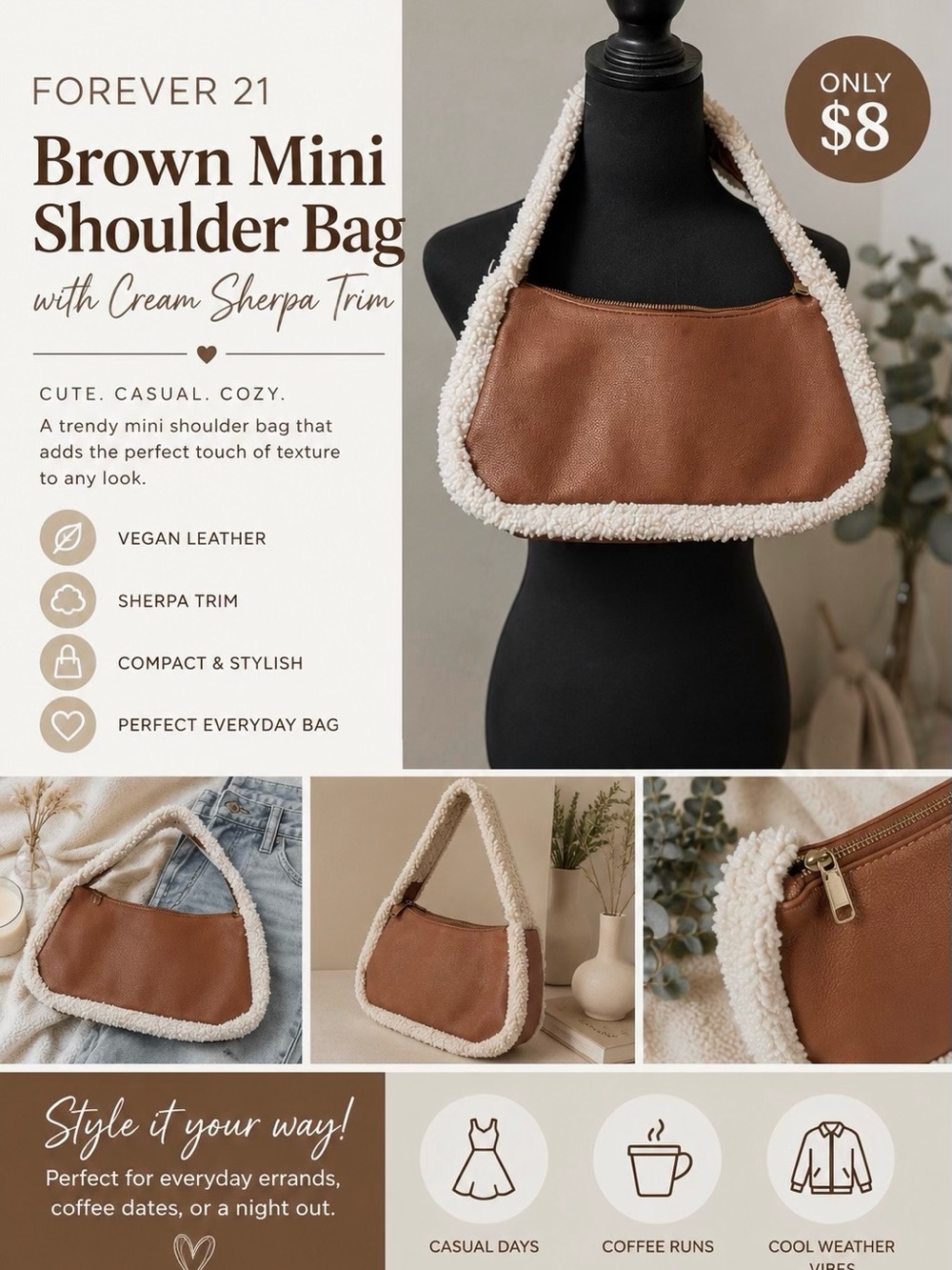 Forever 21 Brown Mini Shoulder Bag with Cream Sherpa Trim